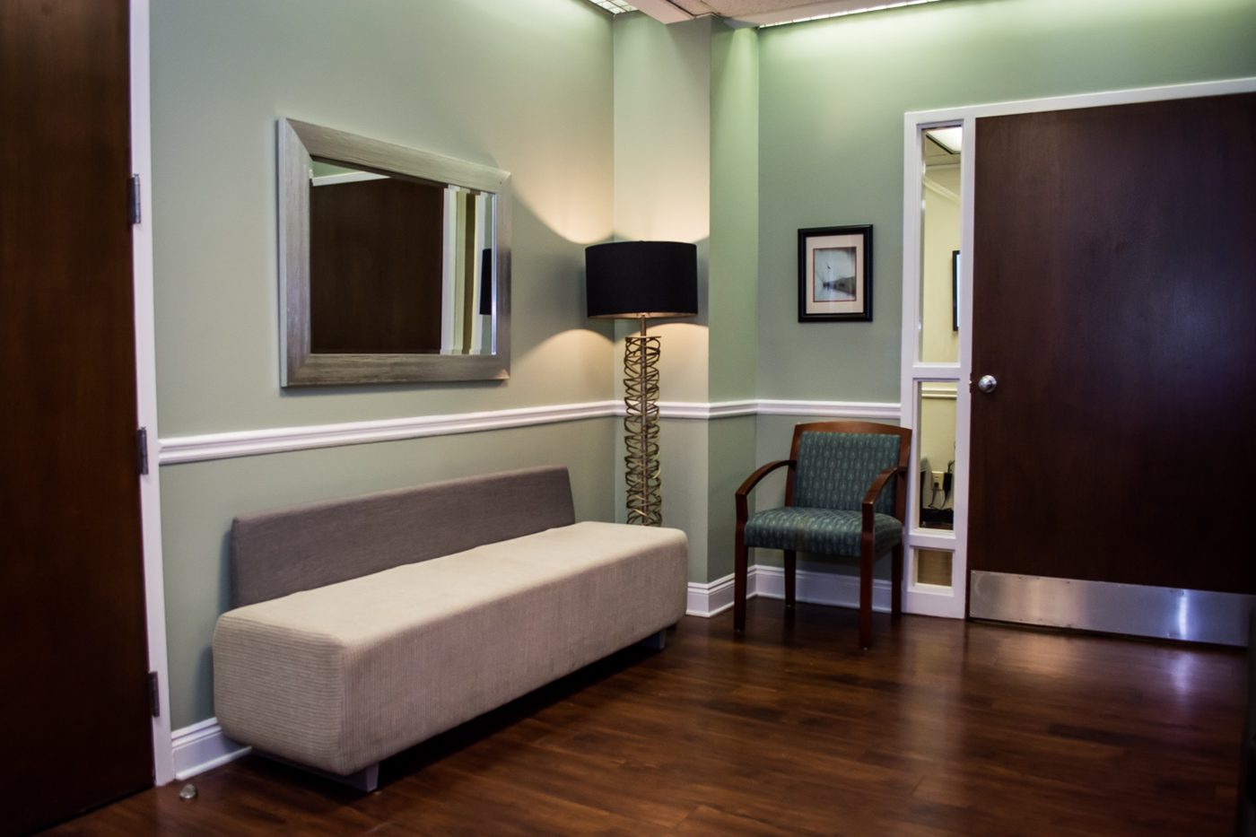 Comfortable, modern patient hallway and seating